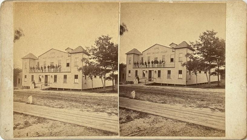 Stereograph of a group assembled on the balcony of the Onset Roller Rink.