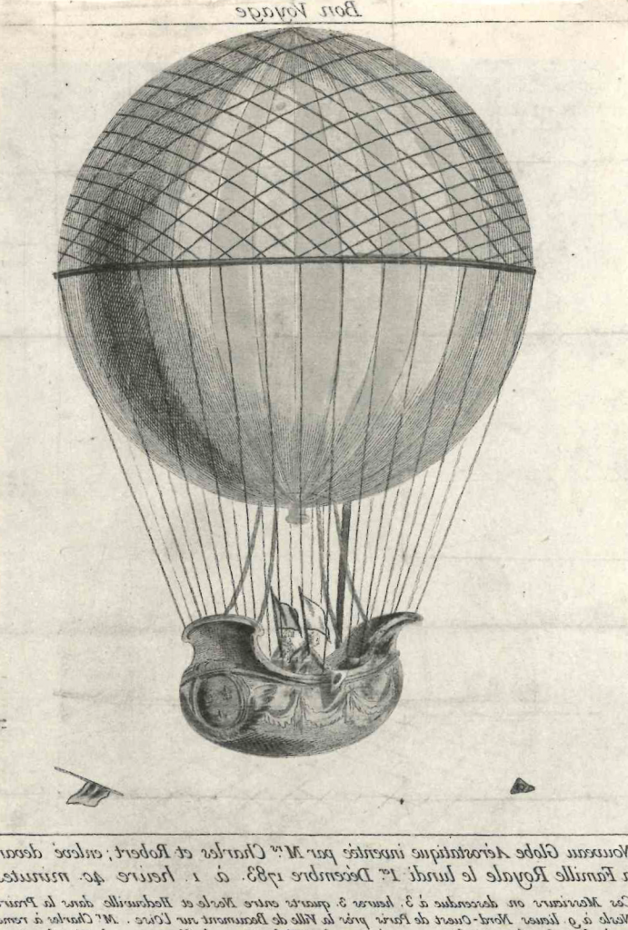 A black ink printed engraving of a large round balloon netted and tethered by many ropes to a small boat style basket with many carved decorations and two figures holding flags in the ship. At the bottom are words in French. 