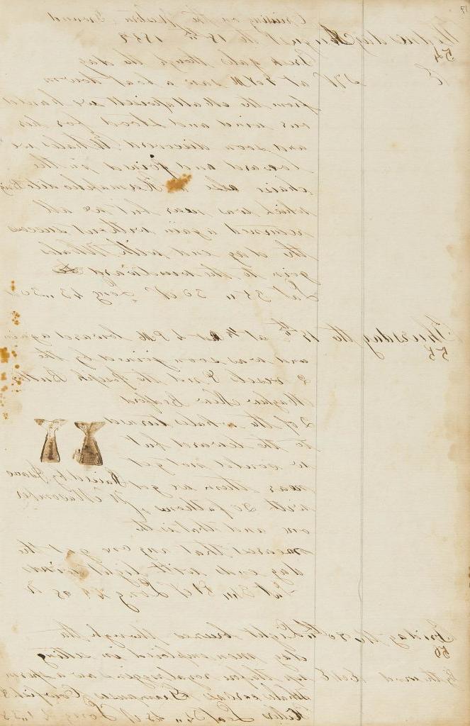 Color photograph of a page discolored with age with brown ink handwriting in a diary format. Halfway down the page are drawings of two whale's tails next to each other. 
